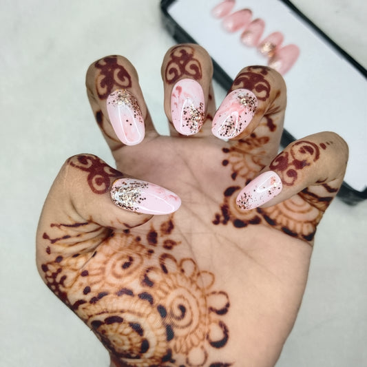 The NailzStation Glossy Light Pink Marble Press on Fake Artificial Nails Set with glue, filer, sticker application kit // 1420