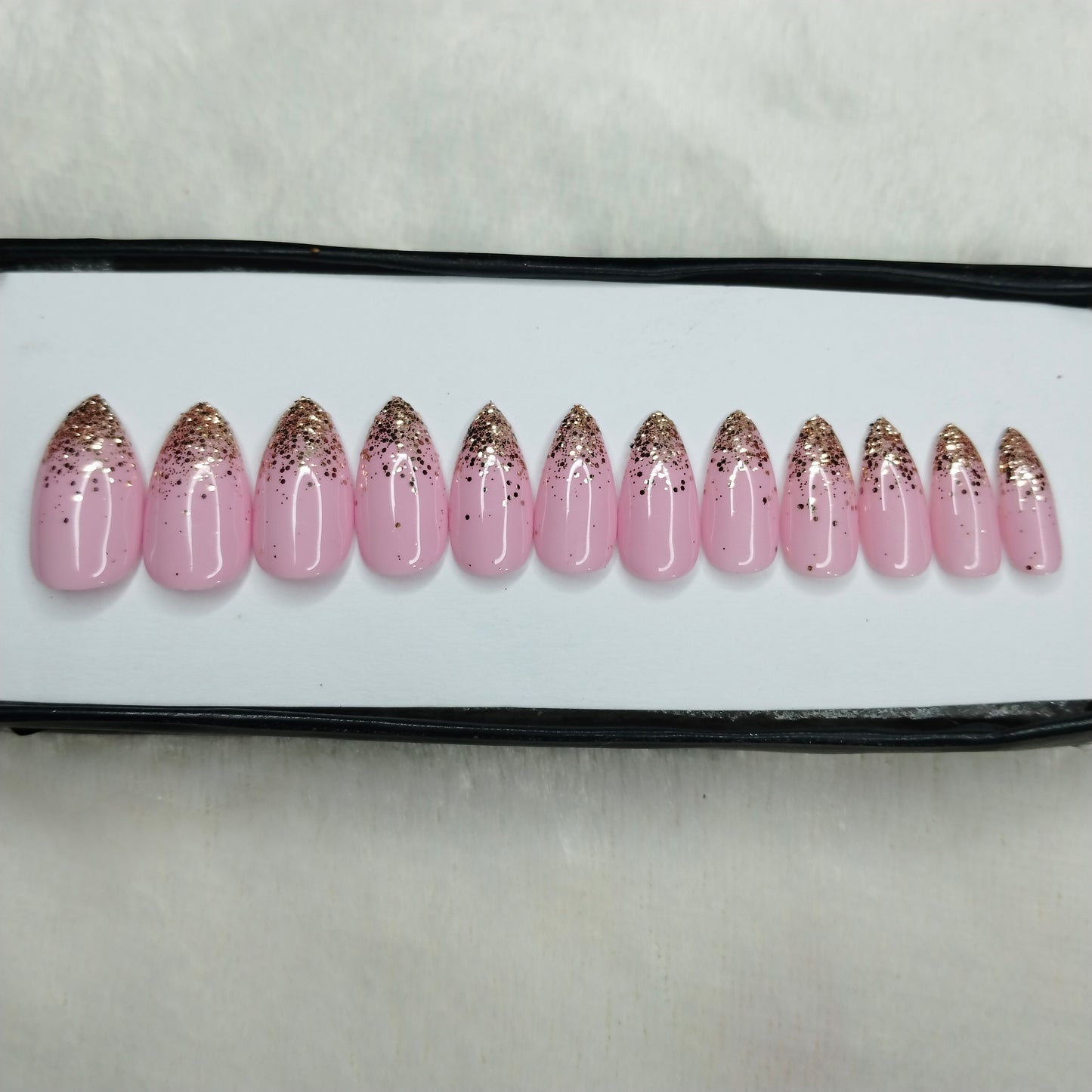 The NailzStation Glossy Light Pink Glitter Ombre Press on Fake Artificial Nails Set with glue, filer, sticker application kit // 1421