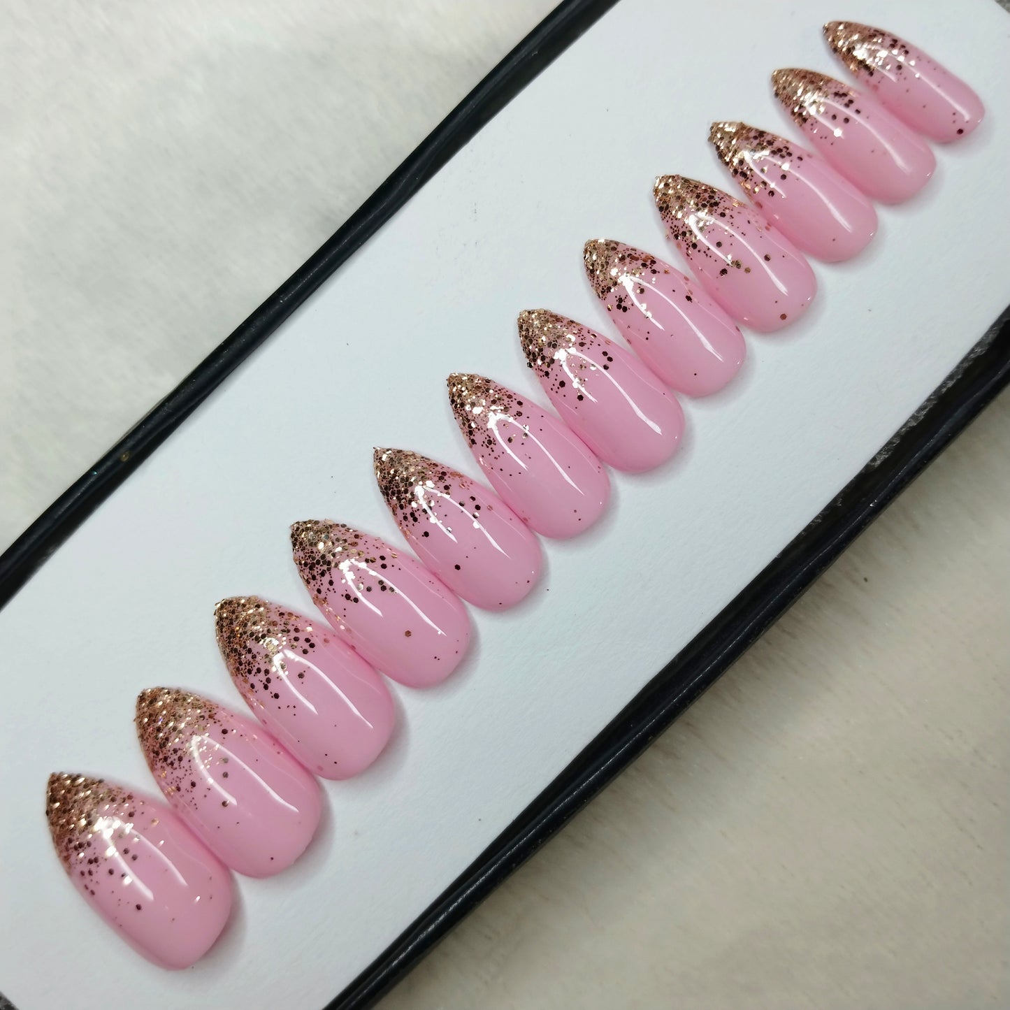 The NailzStation Glossy Light Pink Glitter Ombre Press on Fake Artificial Nails Set with glue, filer, sticker application kit // 1421