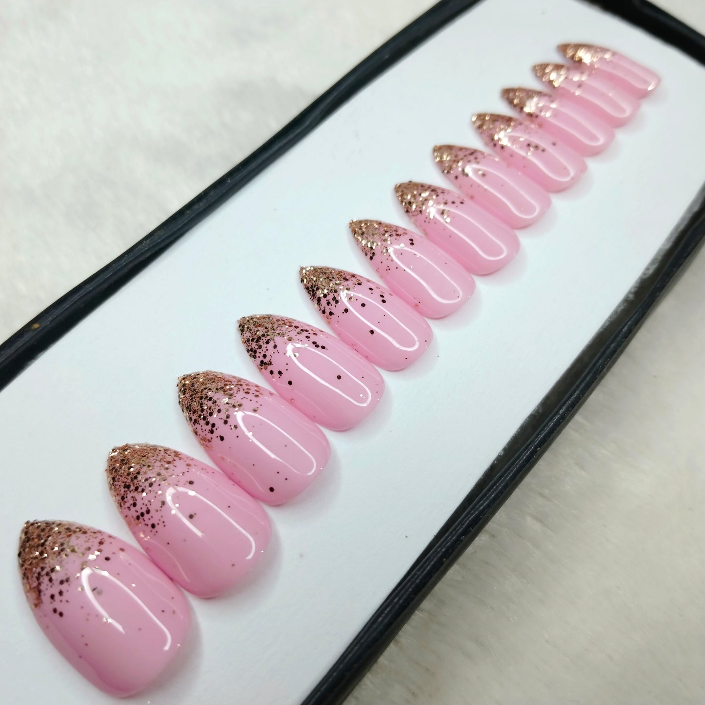 The NailzStation Glossy Light Pink Glitter Ombre Press on Fake Artificial Nails Set with glue, filer, sticker application kit // 1421