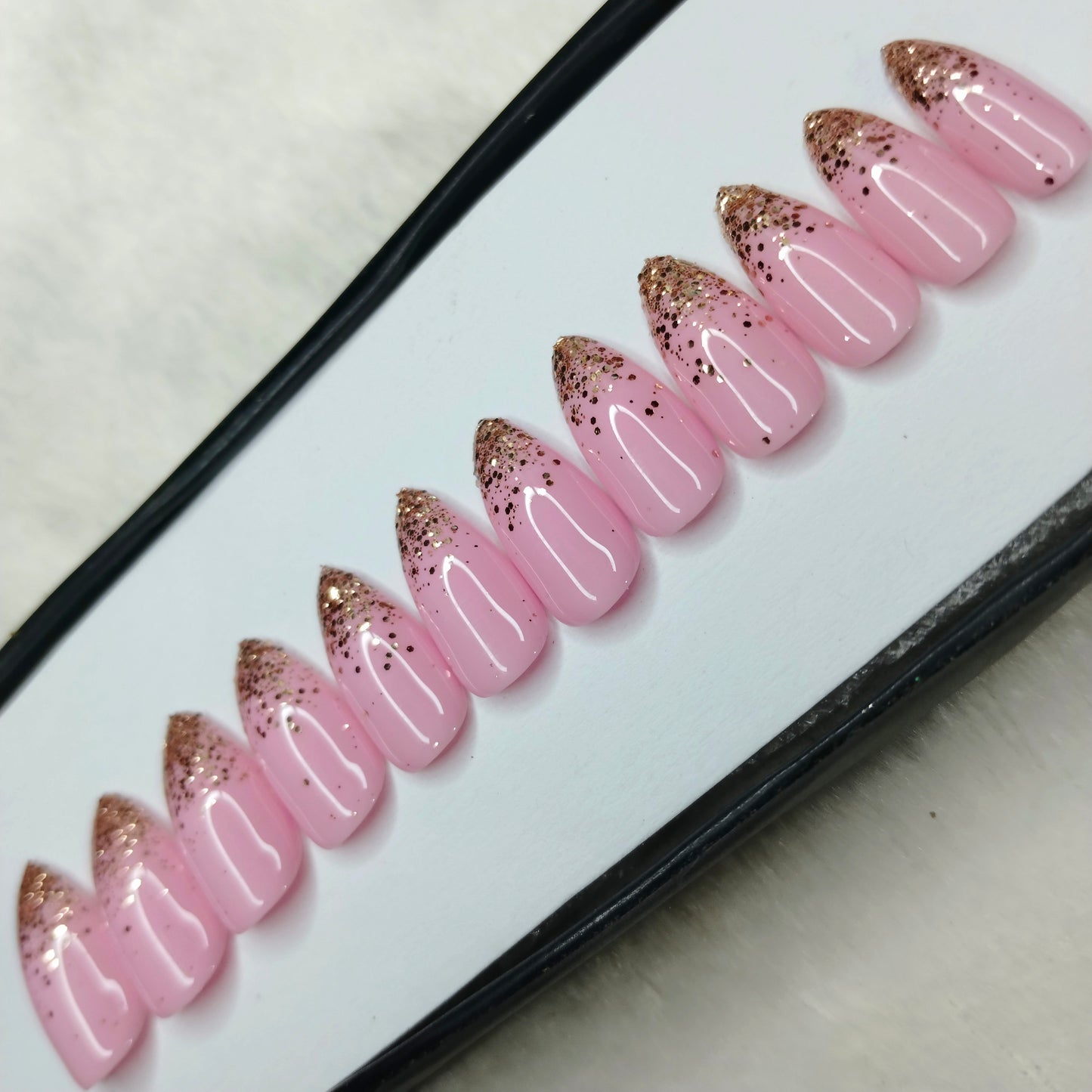 The NailzStation Glossy Light Pink Glitter Ombre Press on Fake Artificial Nails Set with glue, filer, sticker application kit // 1421