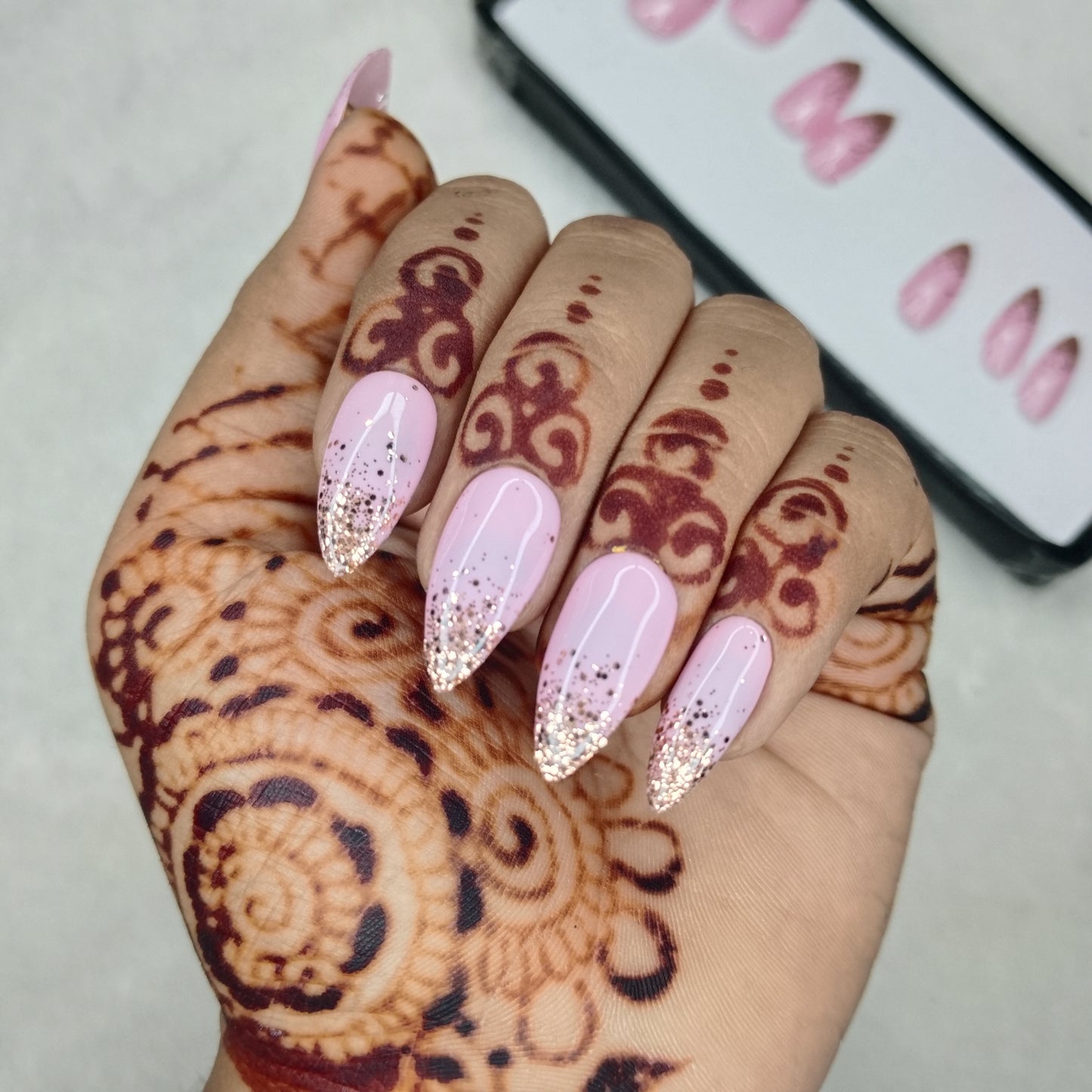 The NailzStation Glossy Light Pink Glitter Ombre Press on Fake Artificial Nails Set with glue, filer, sticker application kit // 1421