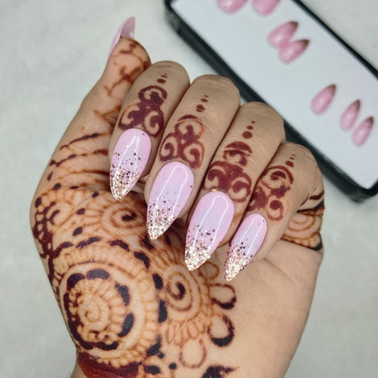 The NailzStation Glossy Light Pink Glitter Ombre Press on Fake Artificial Nails Set with glue, filer, sticker application kit // 1421