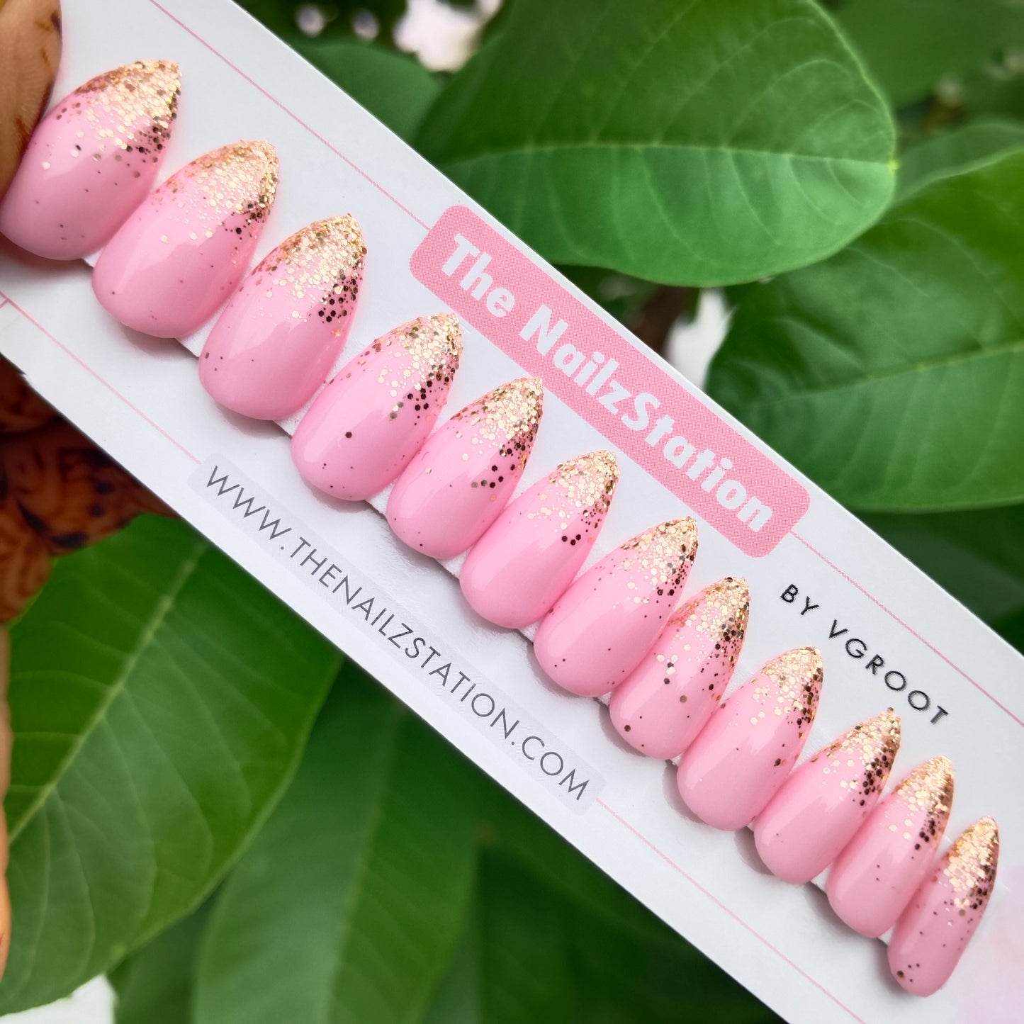 The NailzStation Glossy Light Pink Glitter Ombre Press on Fake Artificial Nails Set with glue, filer, sticker application kit // 1421