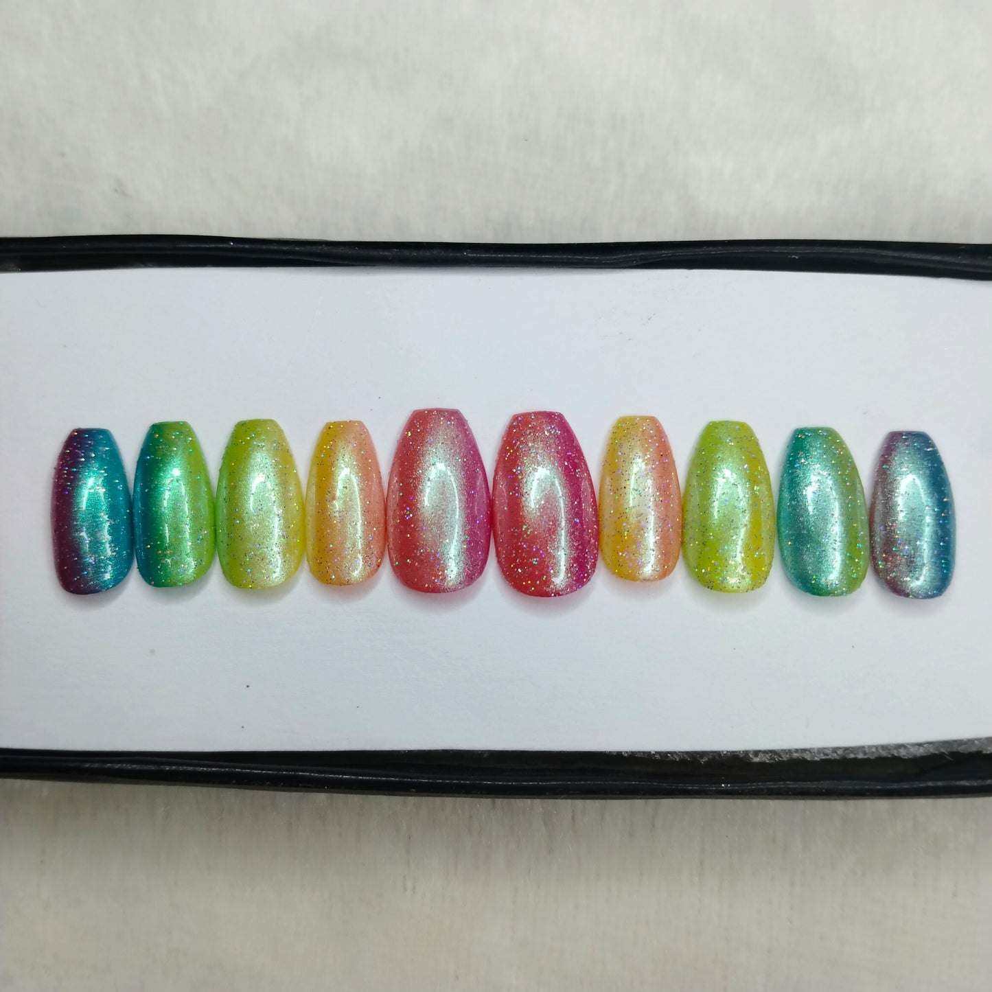 The NailzStation Glossy Colorful Ombre Chrome Press on Fake Artificial Nails Set with glue, filer, sticker application kit // 1418