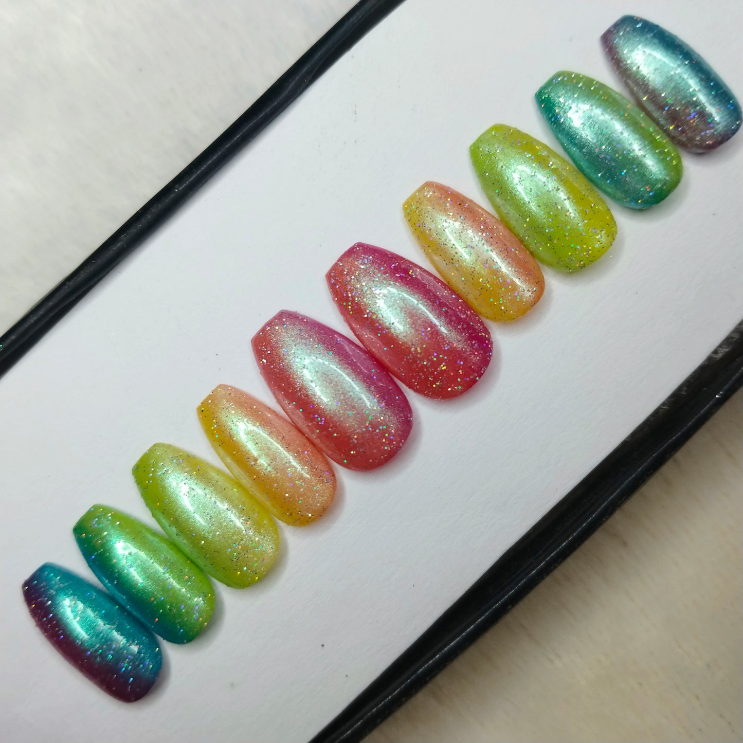 The NailzStation Glossy Colorful Ombre Chrome Press on Fake Artificial Nails Set with glue, filer, sticker application kit // 1418