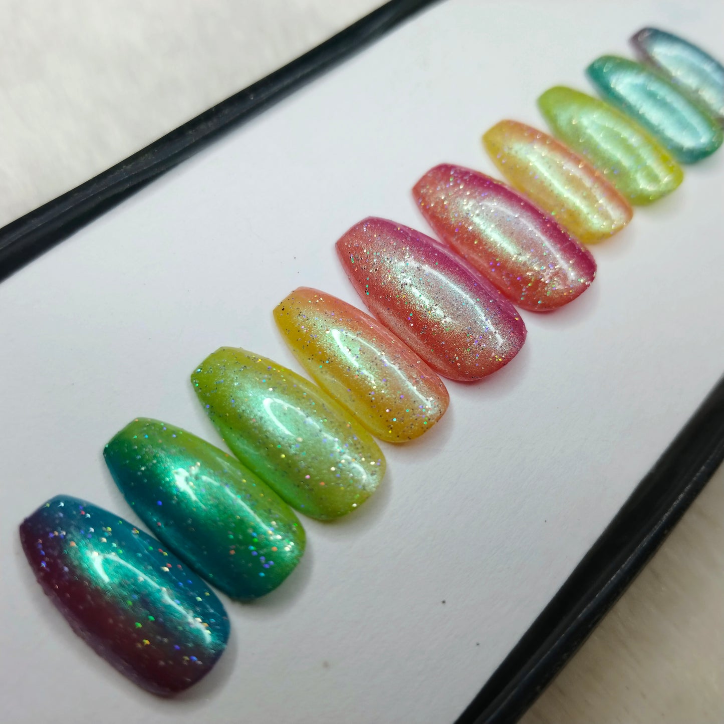 The NailzStation Glossy Colorful Ombre Chrome Press on Fake Artificial Nails Set with glue, filer, sticker application kit // 1418