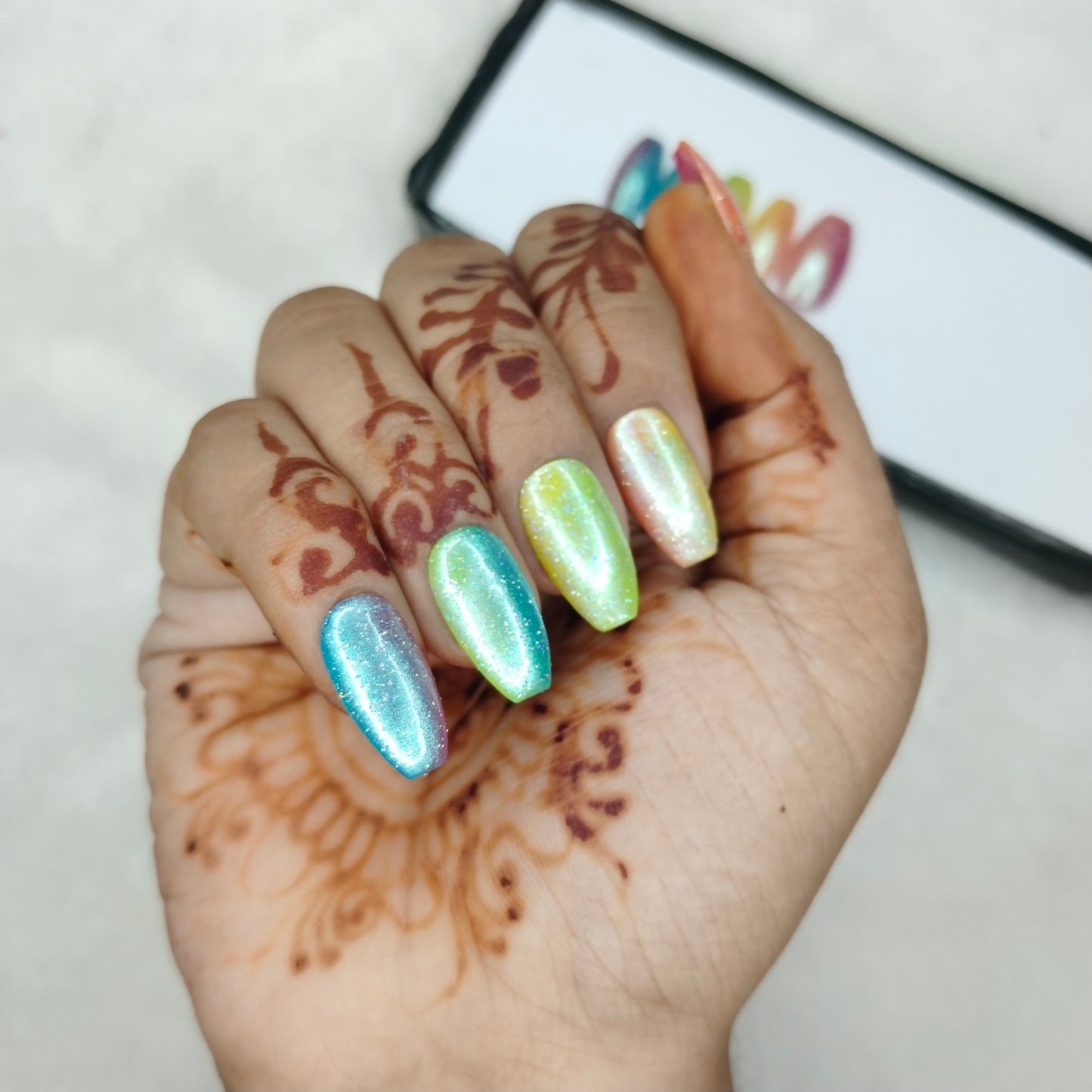 The NailzStation Glossy Colorful Ombre Chrome Press on Fake Artificial Nails Set with glue, filer, sticker application kit // 1418