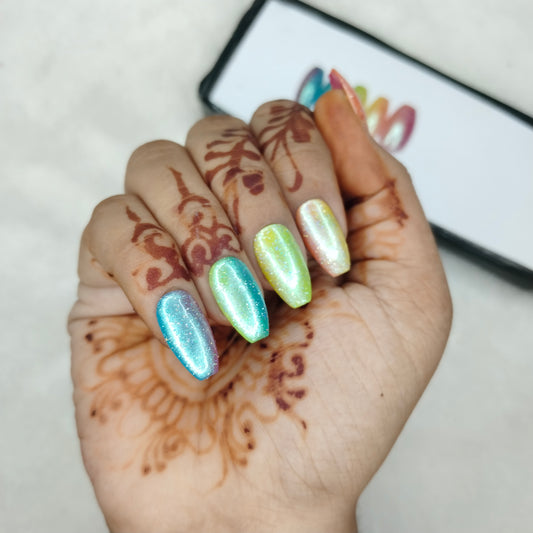 The NailzStation Glossy Colorful Ombre Chrome Press on Fake Artificial Nails Set with glue, filer, sticker application kit // 1418