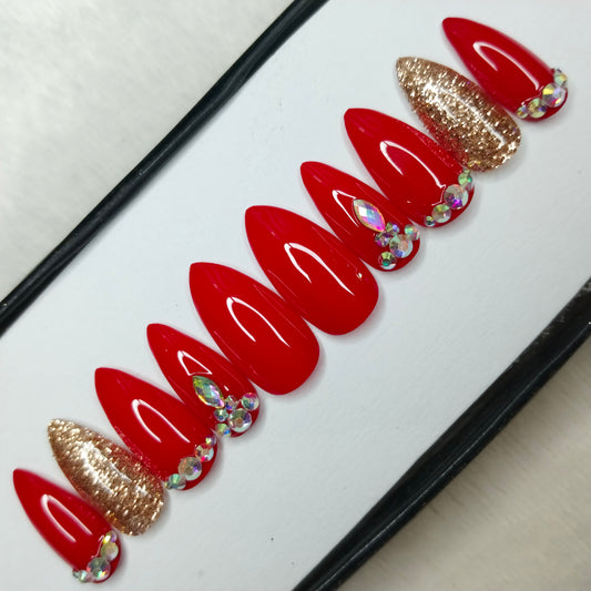 The NailzStation Glossy Red Glitter Studded Press on Fake Artificial Nails Set with glue, filer, sticker application kit // 1419