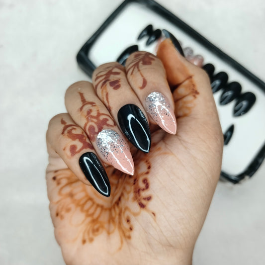 The NailzStation Glossy Black Nude Glitter Ombre Press on Fake Artificial Nails Set with glue, filer, sticker application kit // 1414