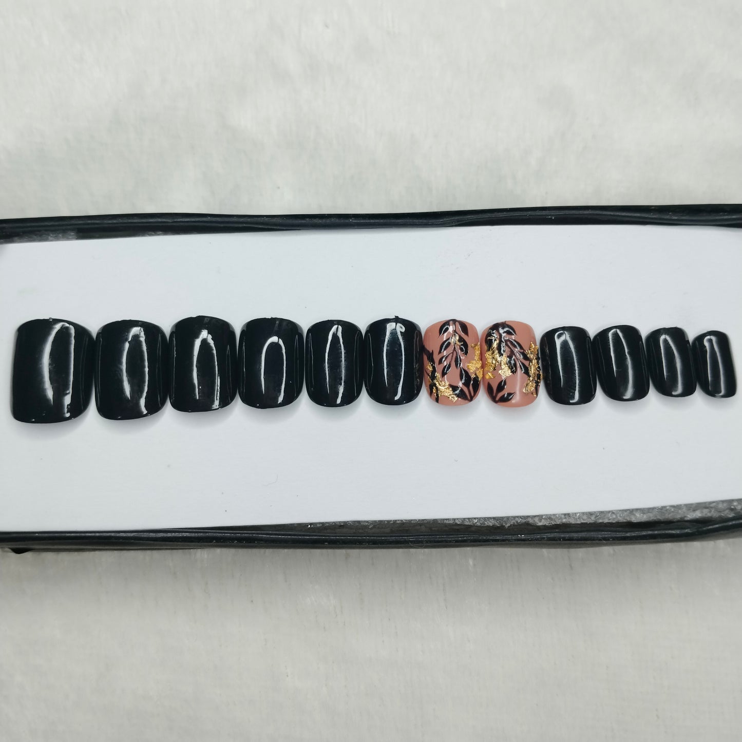 The NailzStation Glossy Black Floral Press on Fake Artificial Nails Set with glue, filer, sticker application kit // 1412