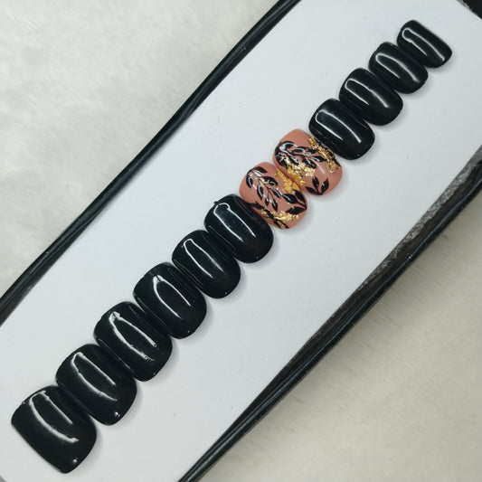 The NailzStation Glossy Black Floral Press on Fake Artificial Nails Set with glue, filer, sticker application kit // 1412