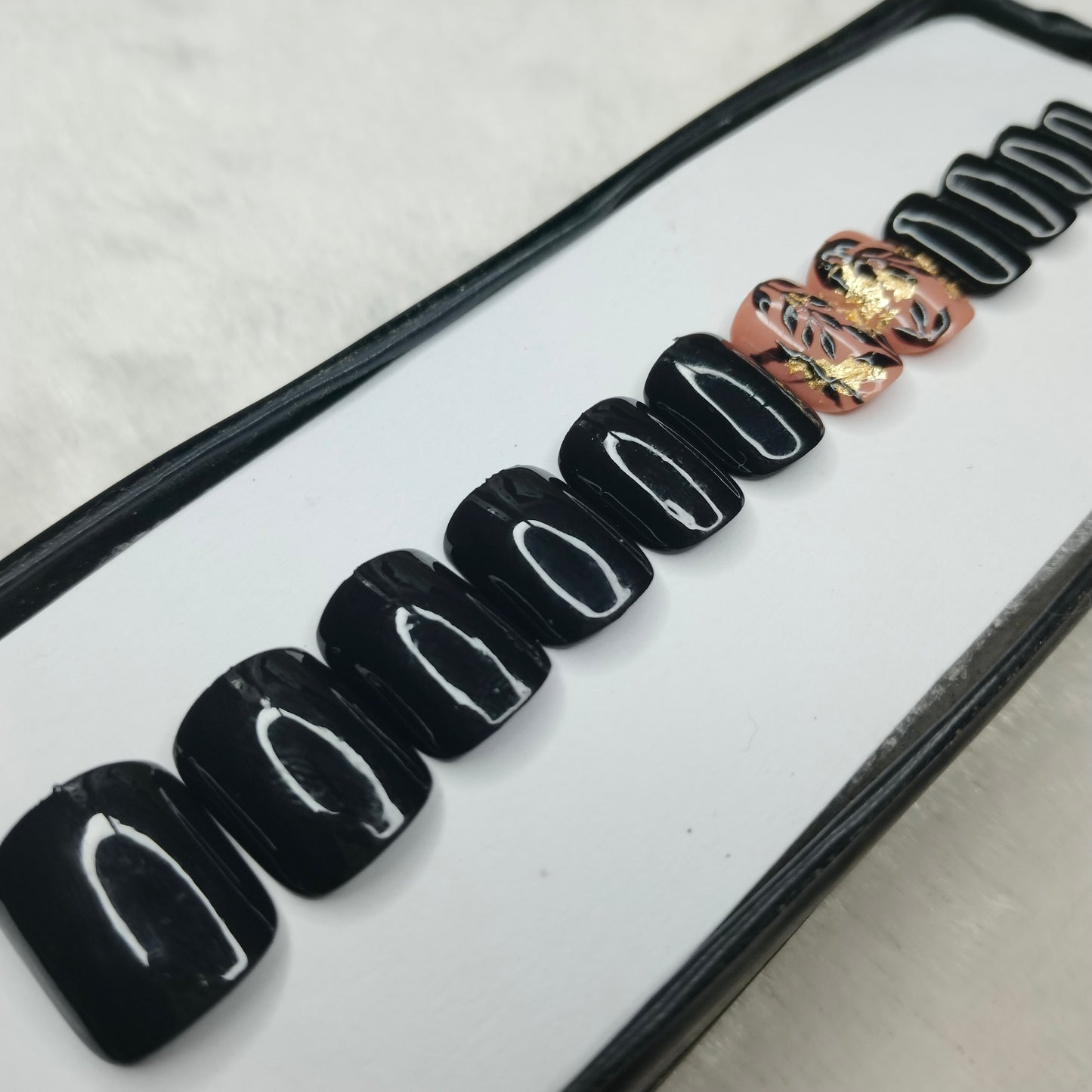 The NailzStation Glossy Black Floral Press on Fake Artificial Nails Set with glue, filer, sticker application kit // 1412