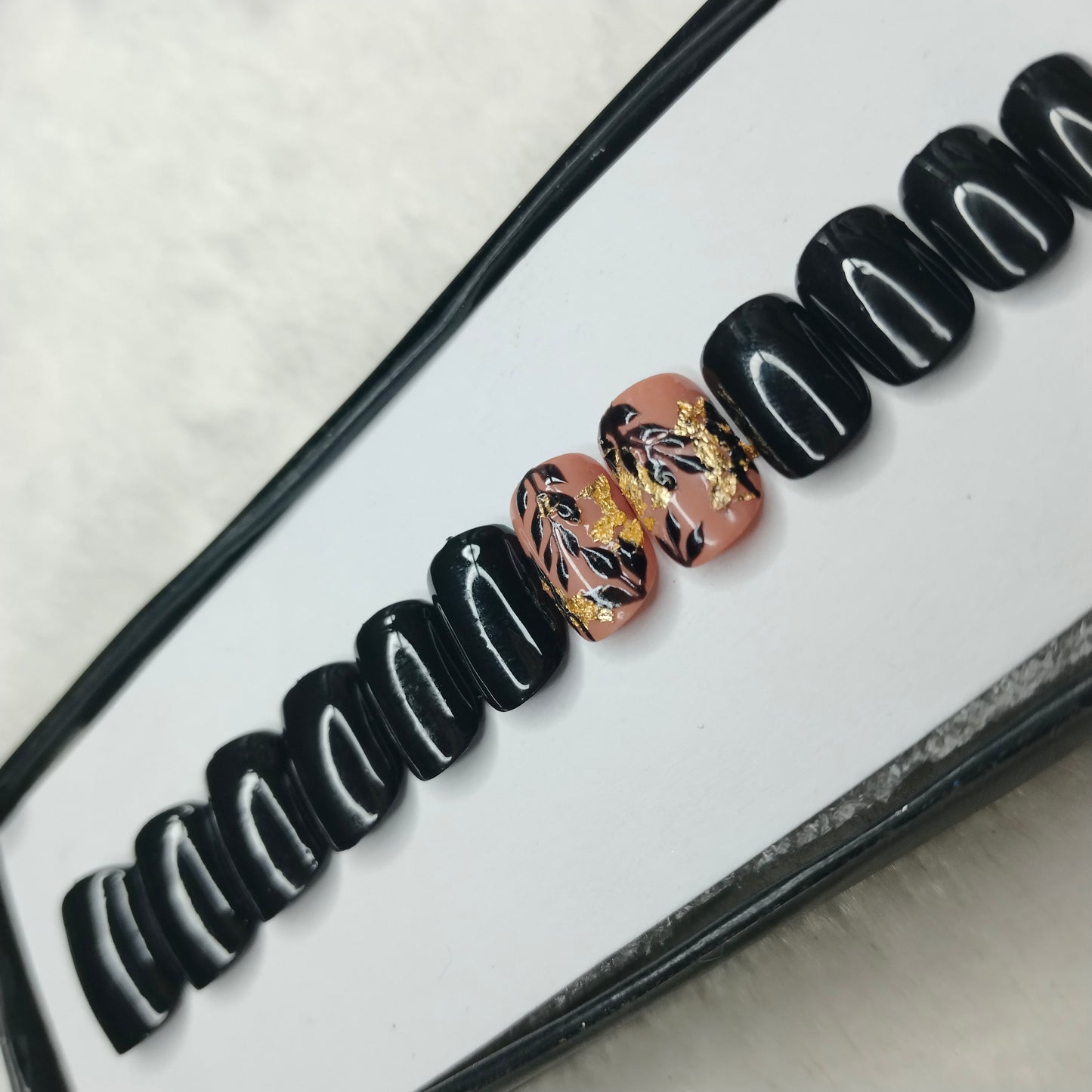 The NailzStation Glossy Black Floral Press on Fake Artificial Nails Set with glue, filer, sticker application kit // 1412