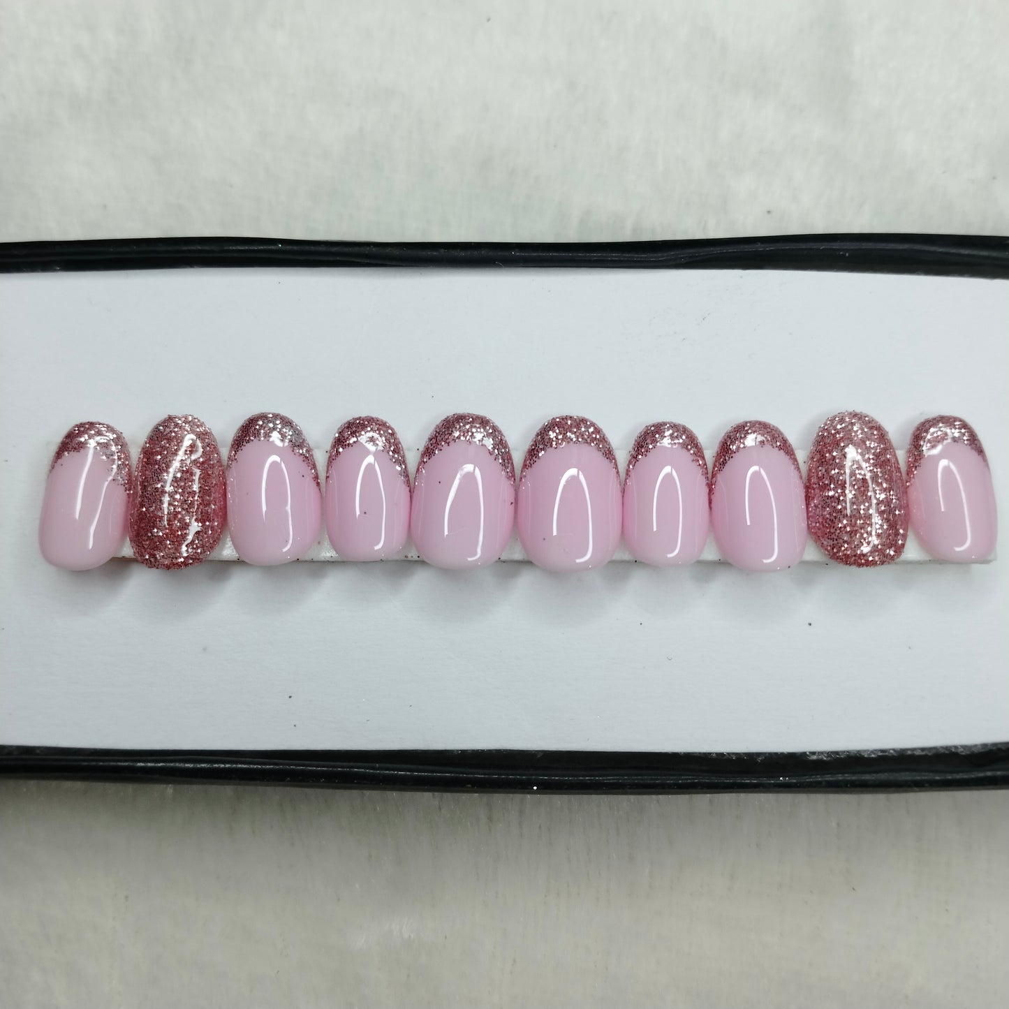 The NailzStation Glossy Light Pink Glitter French Press on Fake Artificial Nails Set with glue, filer, sticker application kit // 1415