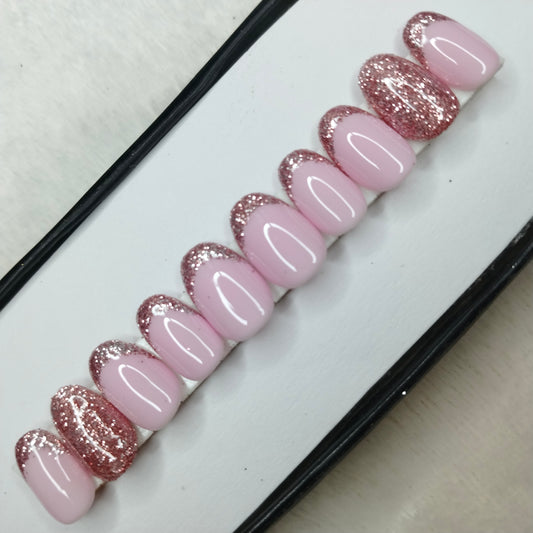 The NailzStation Glossy Light Pink Glitter French Press on Fake Artificial Nails Set with glue, filer, sticker application kit // 1415