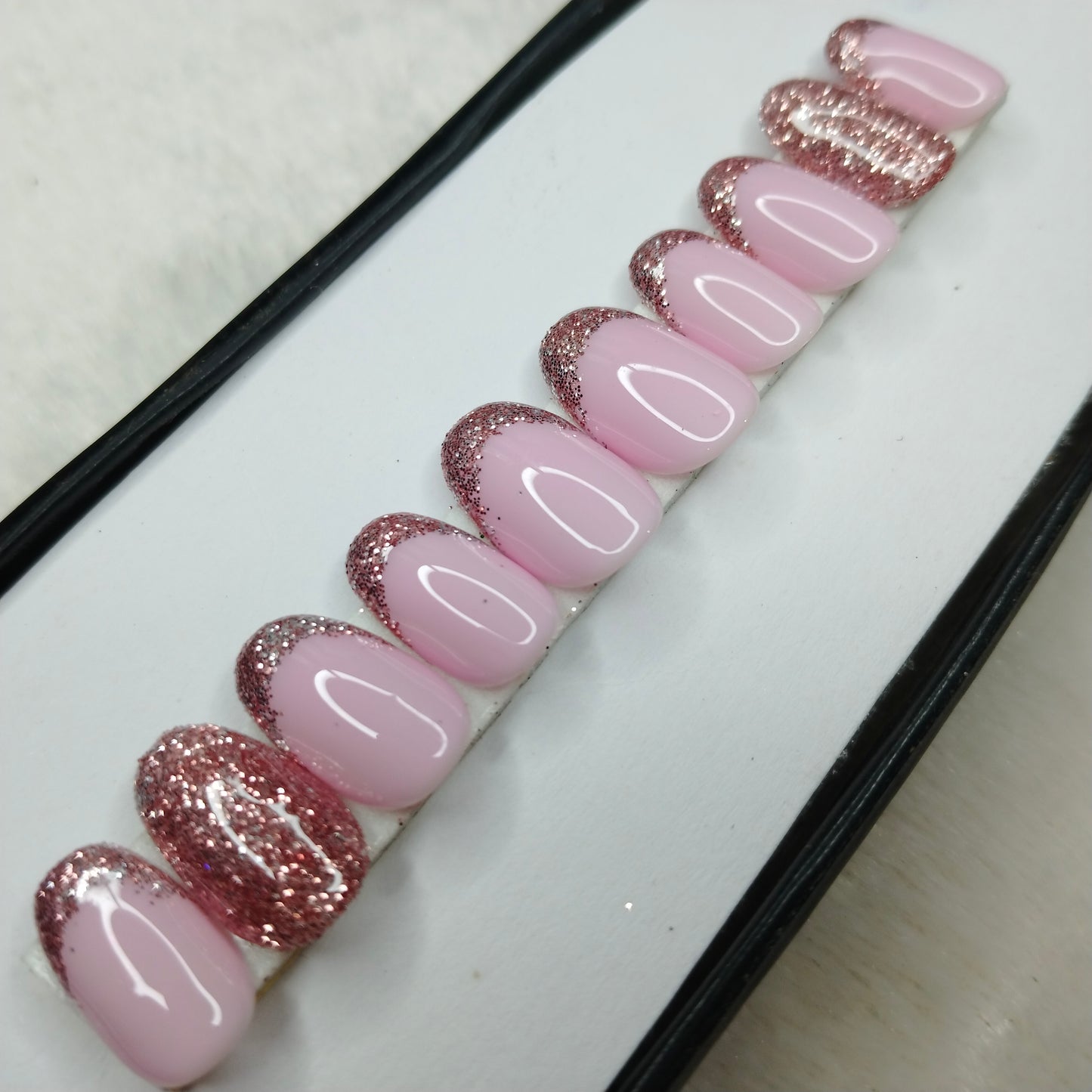 The NailzStation Glossy Light Pink Glitter French Press on Fake Artificial Nails Set with glue, filer, sticker application kit // 1415