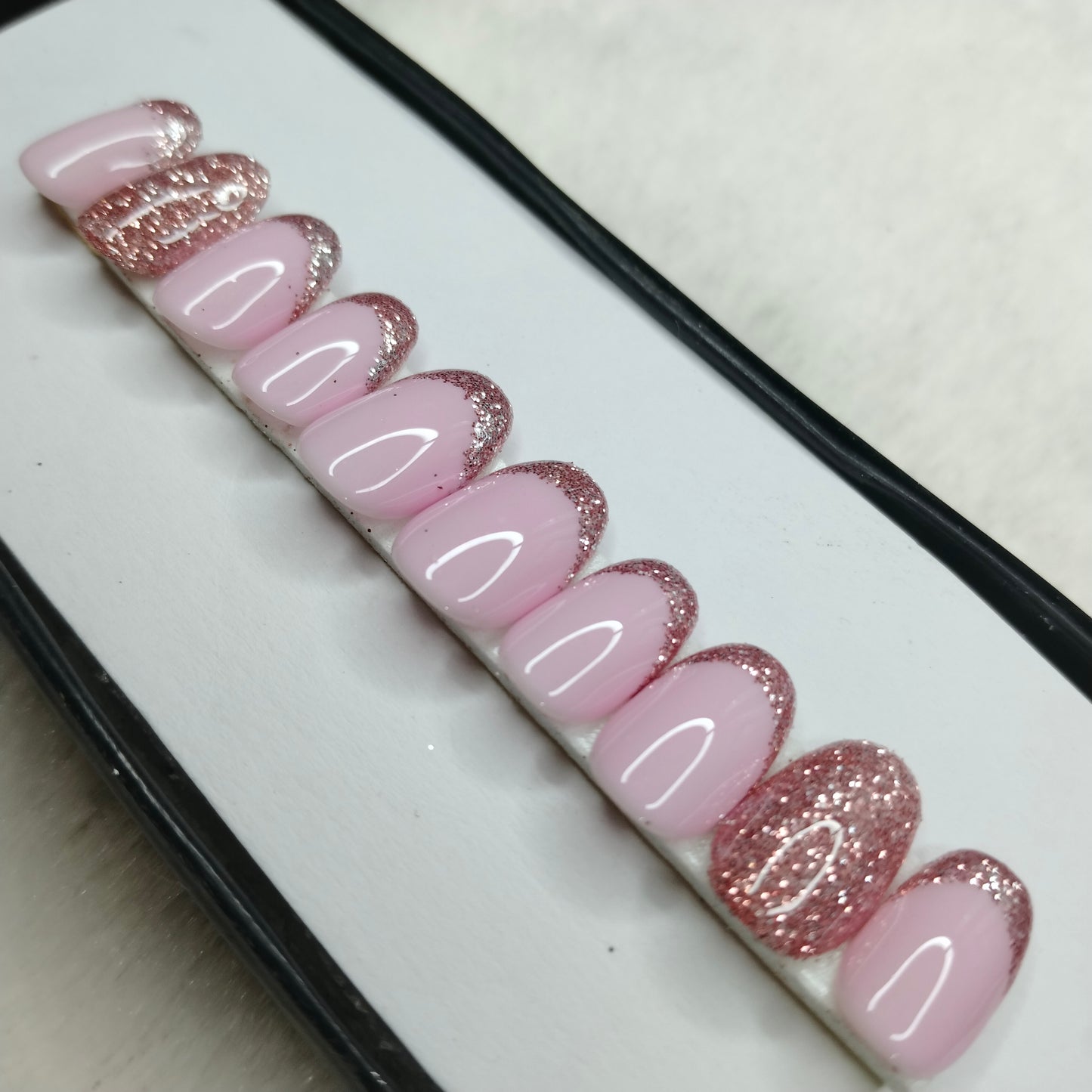 The NailzStation Glossy Light Pink Glitter French Press on Fake Artificial Nails Set with glue, filer, sticker application kit // 1415