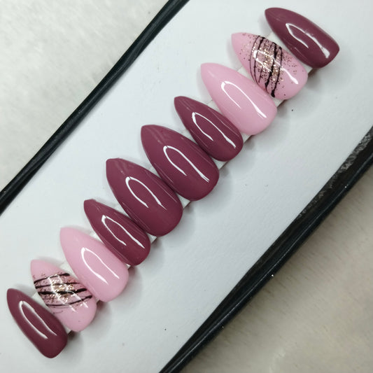 The NailzStation Glossy Pink Swirls Press on Fake Artificial Nails Set with glue, filer, sticker application kit // 1410