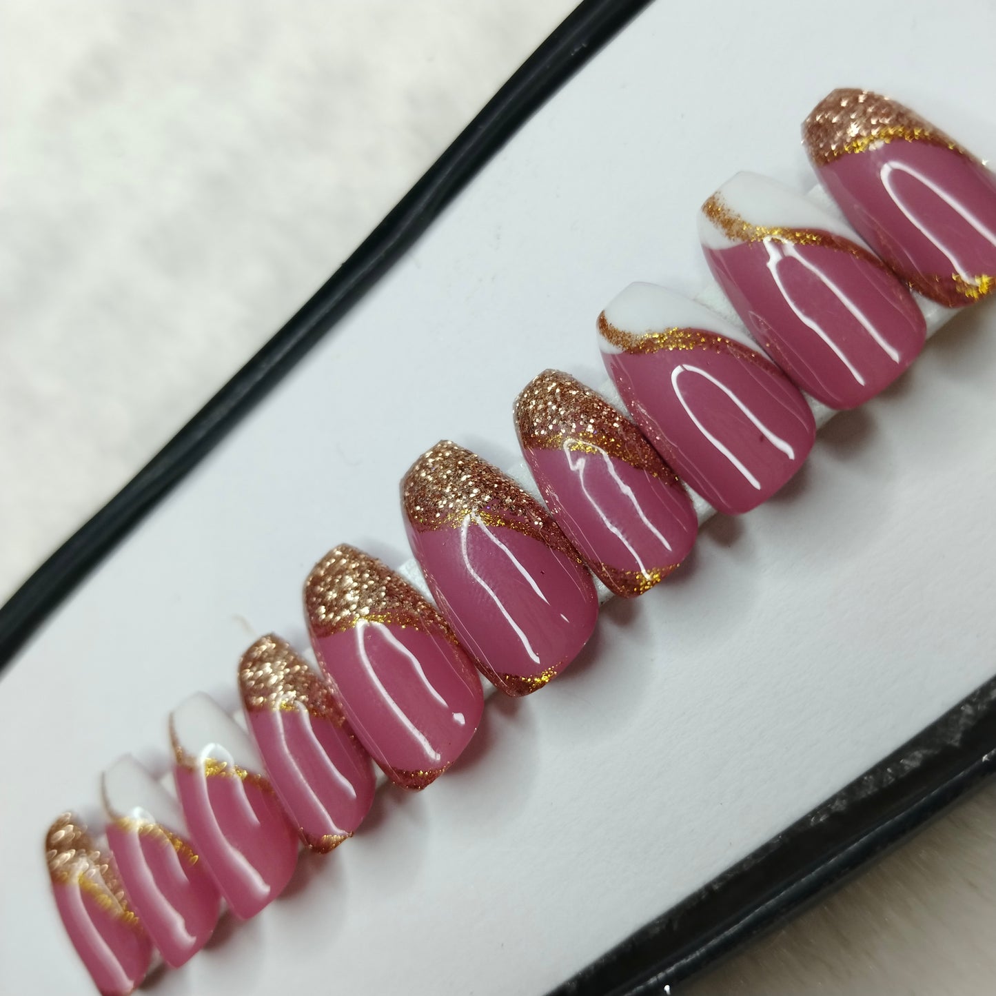 The NailzStation Glossy Rose French Press on Fake Artificial Nails Set with glue, filer, sticker application kit // 1411