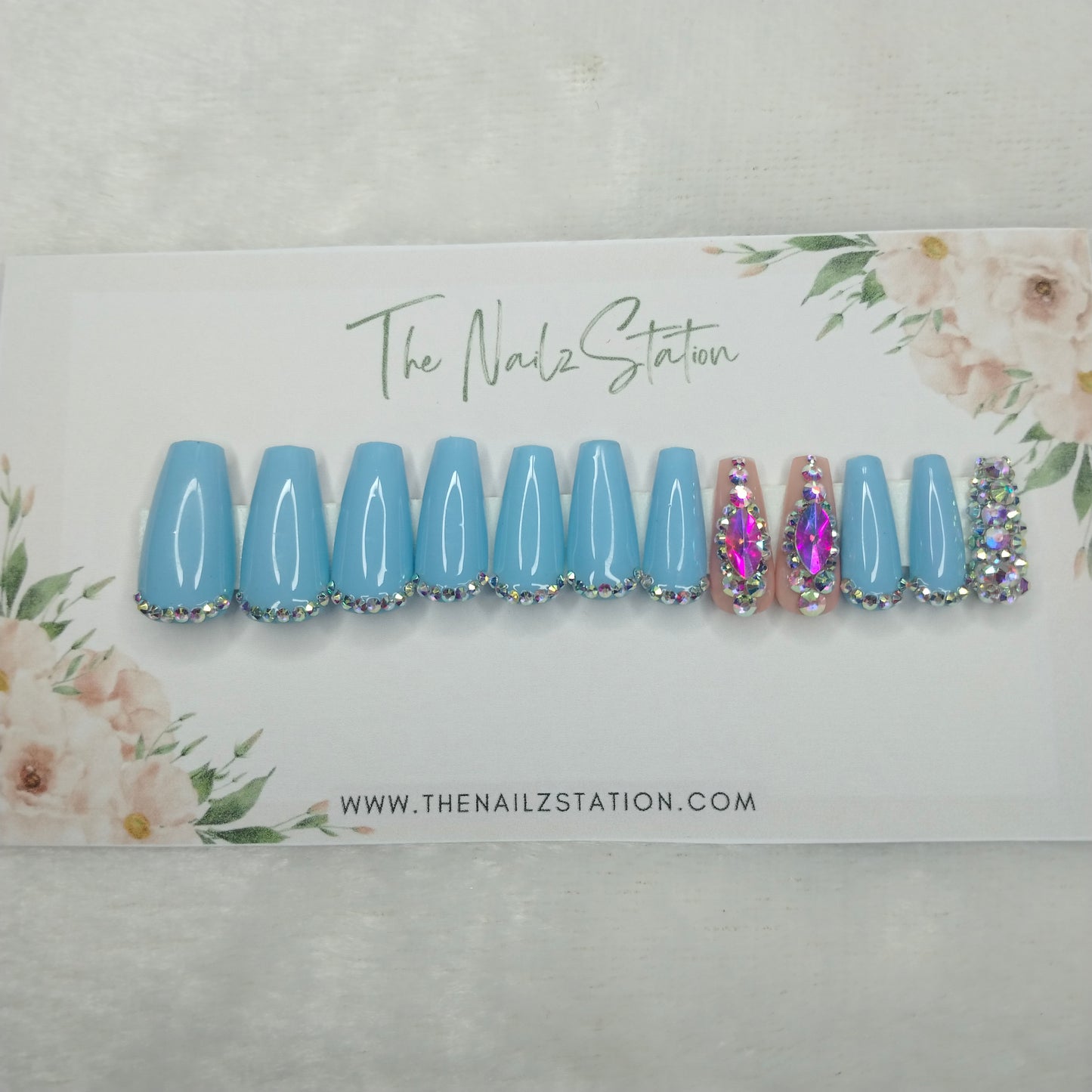 The NailzStation Glossy Light Blue Studded Press on Fake Artificial Nails Set with glue, filer, sticker application kit // 1406