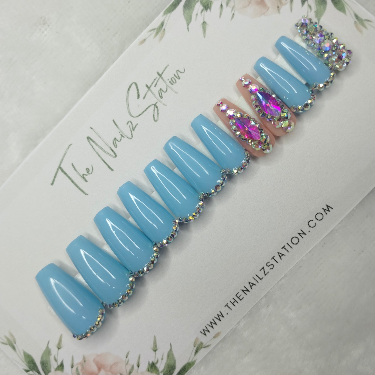 The NailzStation Glossy Light Blue Studded Press on Fake Artificial Nails Set with glue, filer, sticker application kit // 1406