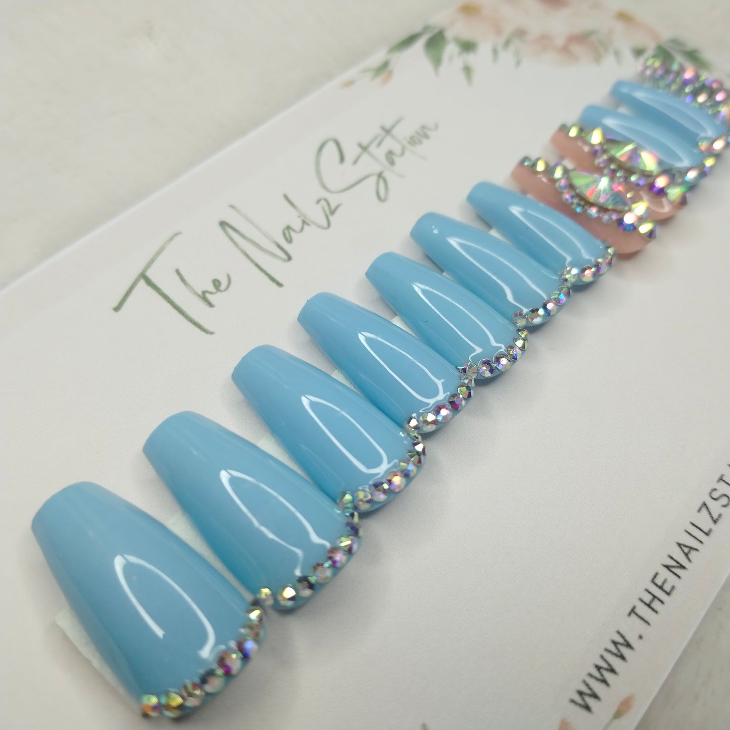 The NailzStation Glossy Light Blue Studded Press on Fake Artificial Nails Set with glue, filer, sticker application kit // 1406