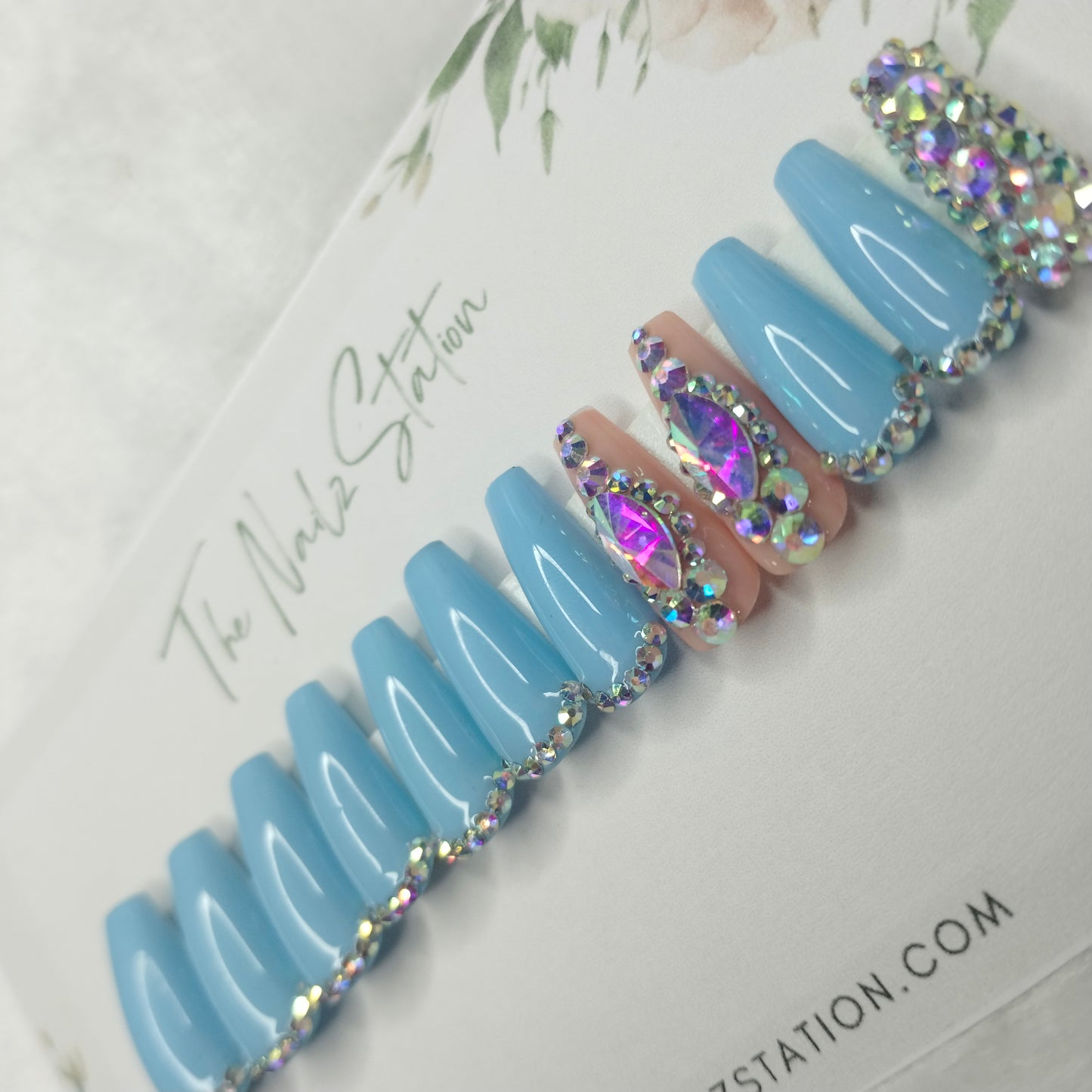 The NailzStation Glossy Light Blue Studded Press on Fake Artificial Nails Set with glue, filer, sticker application kit // 1406