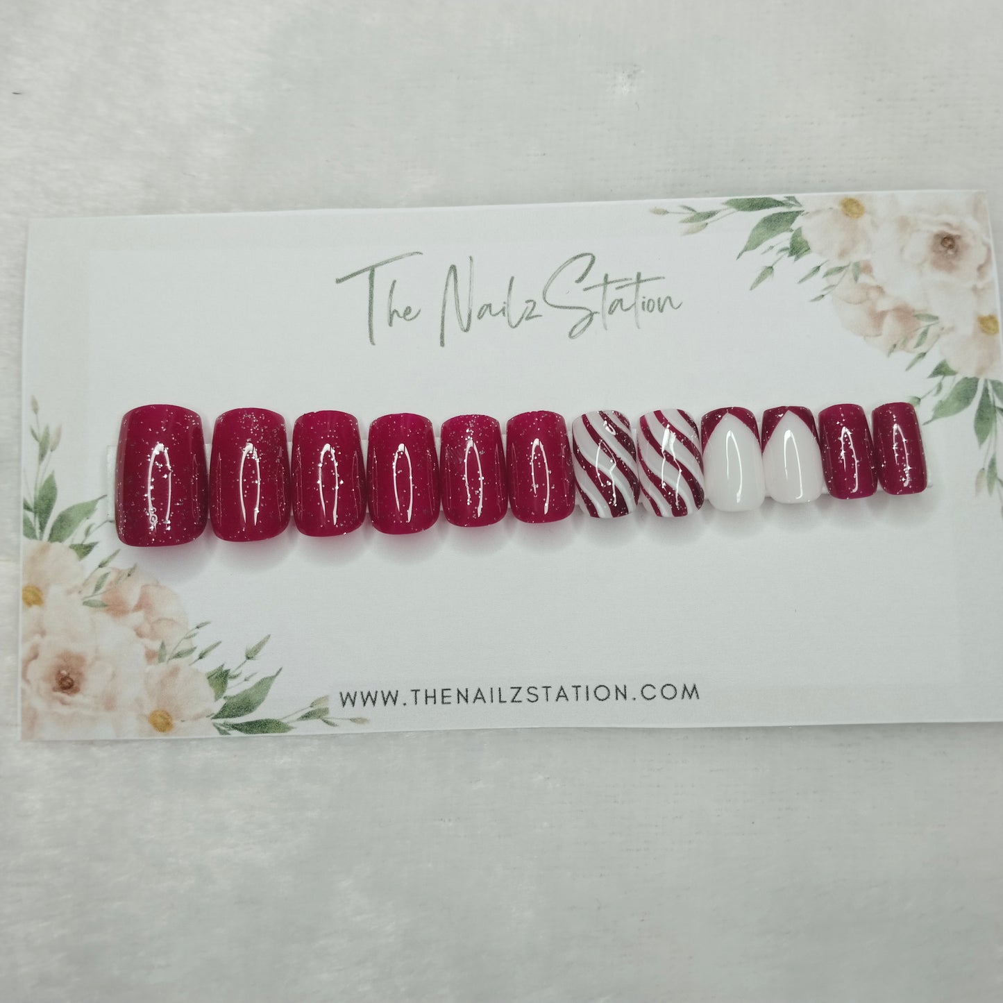 The NailzStation Glossy Dark Pink French Swirls Press on Fake Artificial Nails Set with glue, filer, sticker application kit // 1402