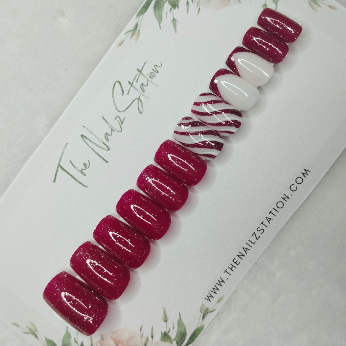 The NailzStation Glossy Dark Pink French Swirls Press on Fake Artificial Nails Set with glue, filer, sticker application kit // 1402