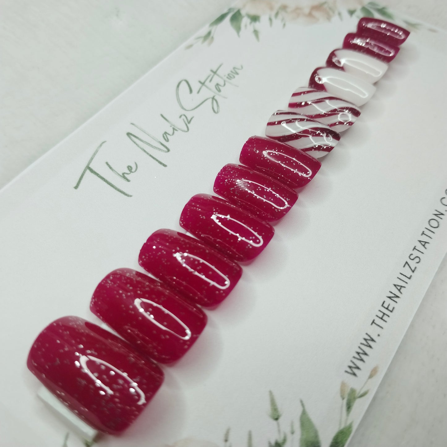 The NailzStation Glossy Dark Pink French Swirls Press on Fake Artificial Nails Set with glue, filer, sticker application kit // 1402