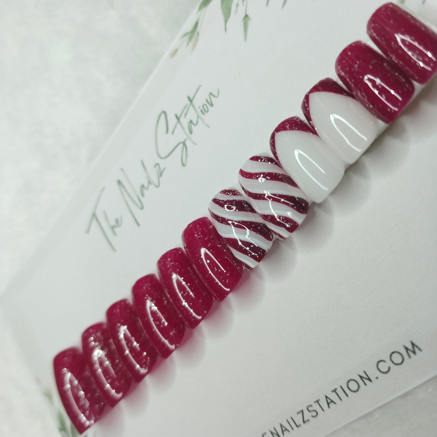 The NailzStation Glossy Dark Pink French Swirls Press on Fake Artificial Nails Set with glue, filer, sticker application kit // 1402