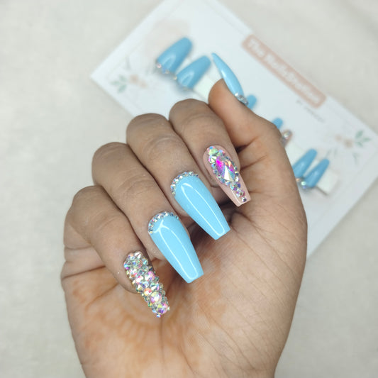 The NailzStation Glossy Light Blue Studded Press on Fake Artificial Nails Set with glue, filer, sticker application kit // 1406
