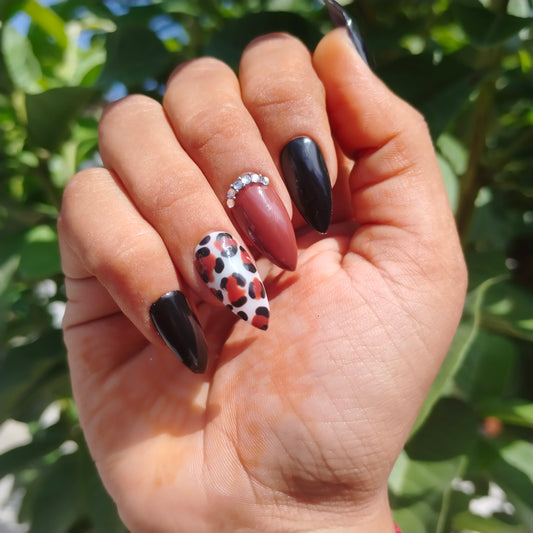 The NailzStation Glossy Black Studded Animal Print Press on Fake Artificial Nails Set with glue, filer, sticker application kit // 1404