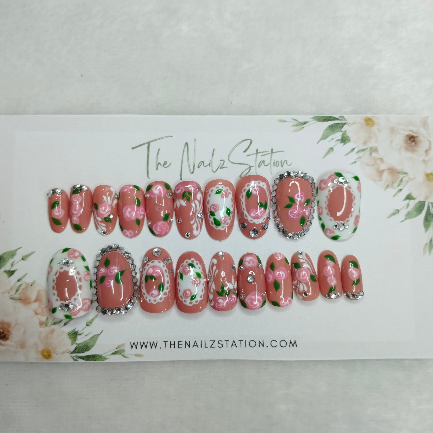 The NailzStation Glossy 3D Roses Nude Press on Fake Artificial Nails Set with glue, filer, sticker application kit // 1401