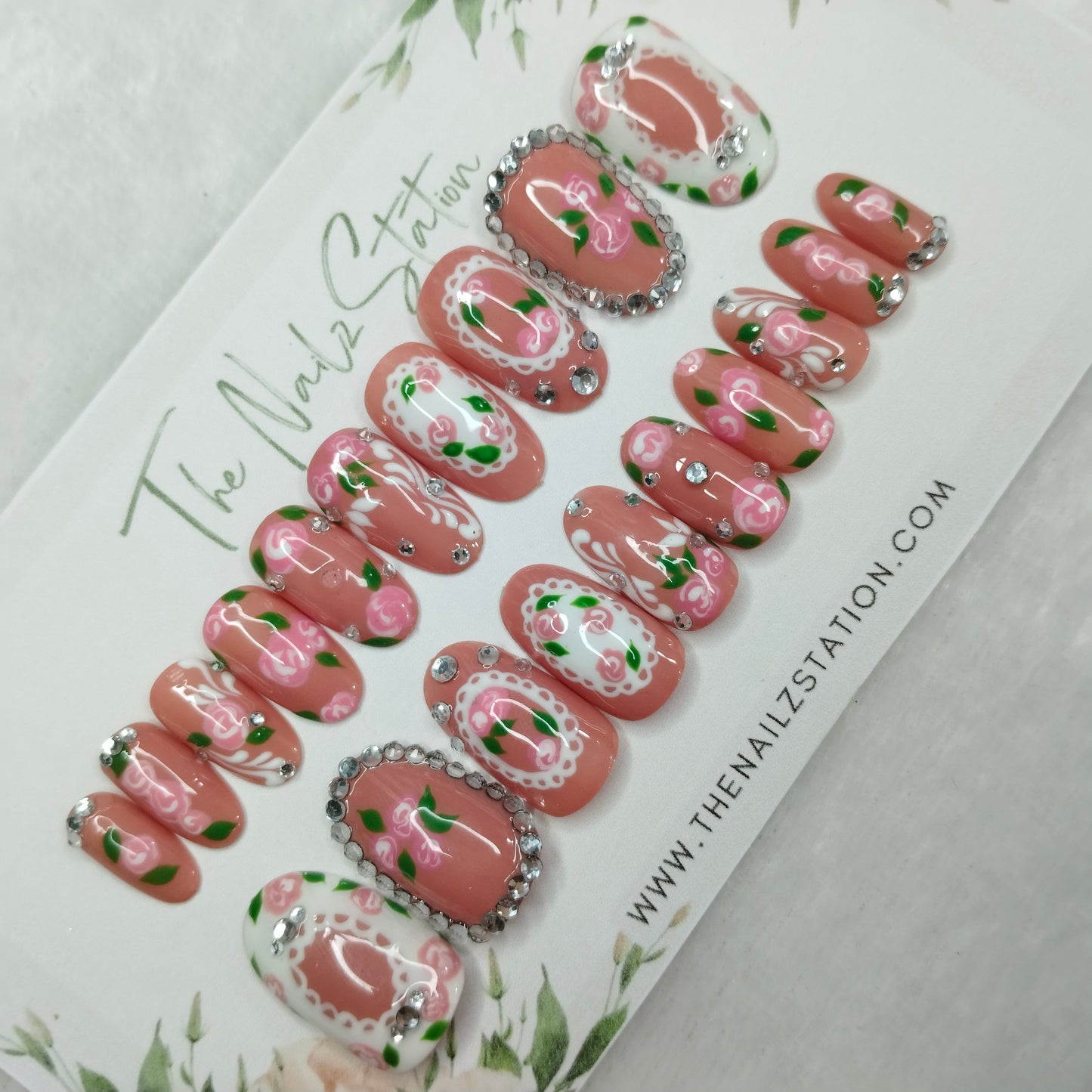 The NailzStation Glossy 3D Roses Nude Press on Fake Artificial Nails Set with glue, filer, sticker application kit // 1401