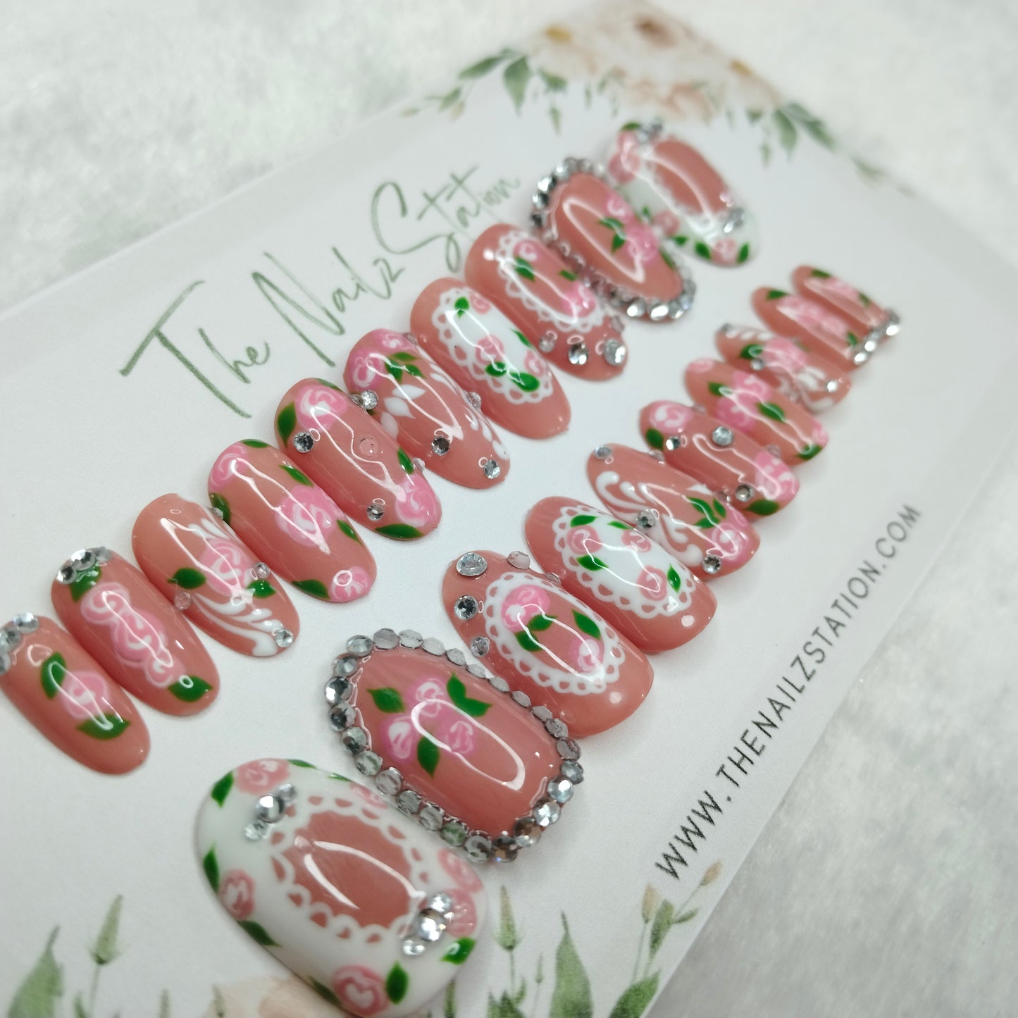 The NailzStation Glossy 3D Roses Nude Press on Fake Artificial Nails Set with glue, filer, sticker application kit // 1401