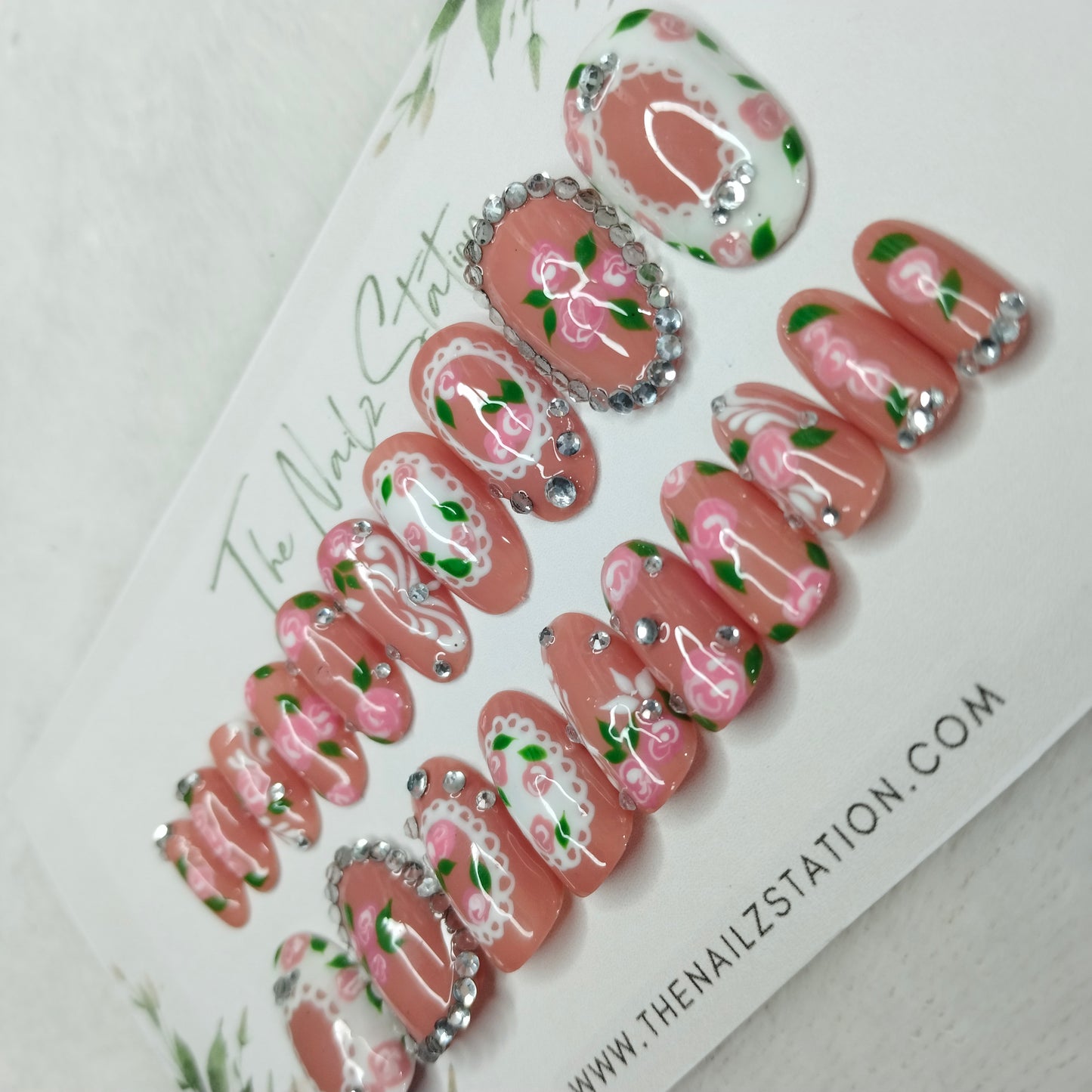 The NailzStation Glossy 3D Roses Nude Press on Fake Artificial Nails Set with glue, filer, sticker application kit // 1401