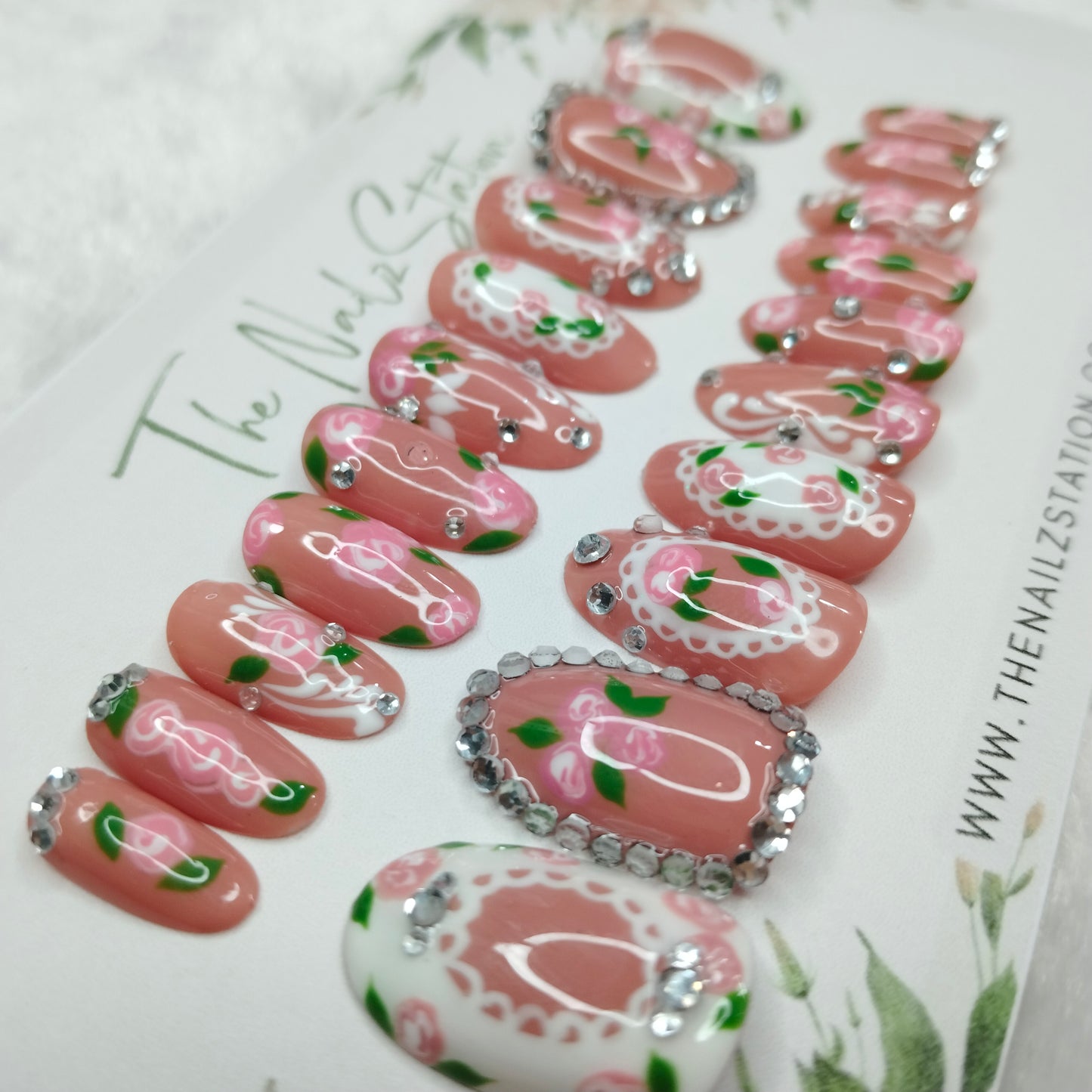 The NailzStation Glossy 3D Roses Nude Press on Fake Artificial Nails Set with glue, filer, sticker application kit // 1401