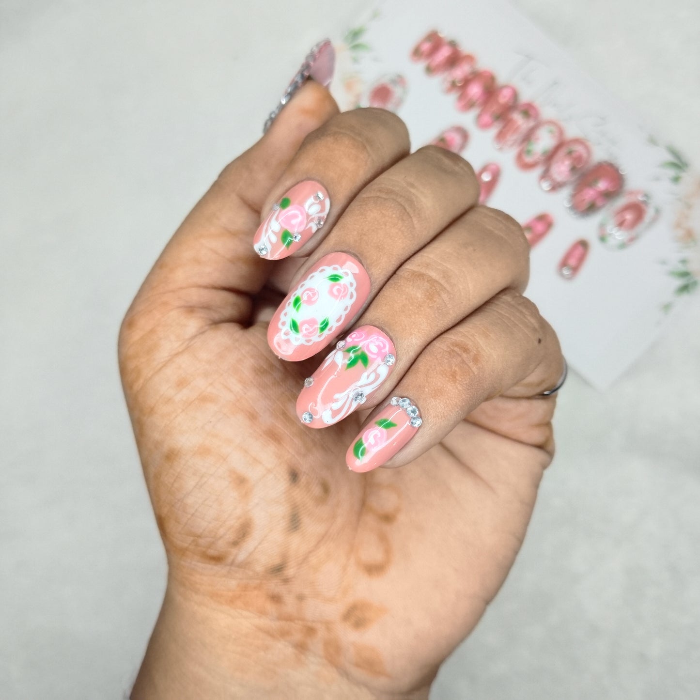 The NailzStation Glossy 3D Roses Nude Press on Fake Artificial Nails Set with glue, filer, sticker application kit // 1401