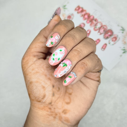 The NailzStation Glossy 3D Roses Nude Press on Fake Artificial Nails Set with glue, filer, sticker application kit // 1401