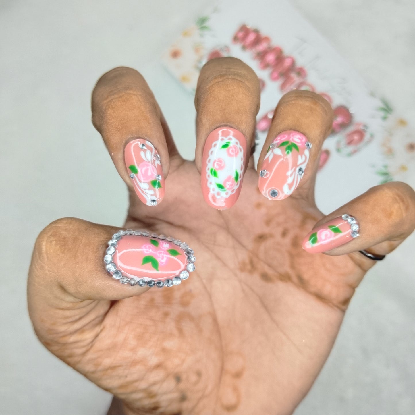 The NailzStation Glossy 3D Roses Nude Press on Fake Artificial Nails Set with glue, filer, sticker application kit // 1401