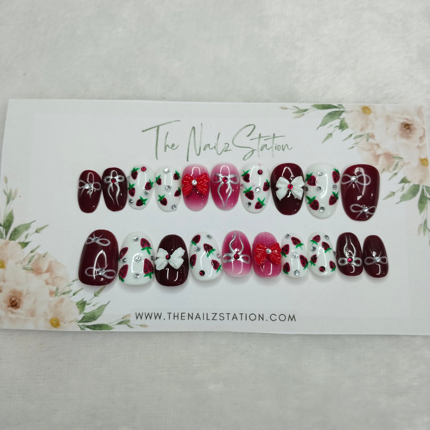 The NailzStation Glossy Maroon 3D Bow Press on Fake Artificial Nails Set with glue, filer, sticker application kit // 1400