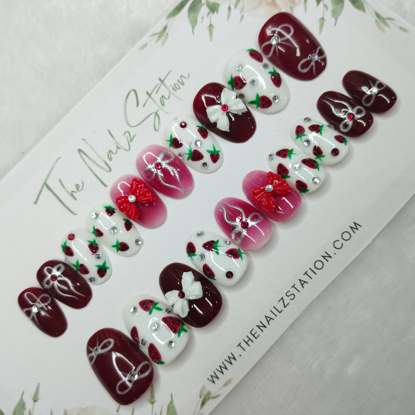 The NailzStation Glossy Maroon 3D Bow Press on Fake Artificial Nails Set with glue, filer, sticker application kit // 1400