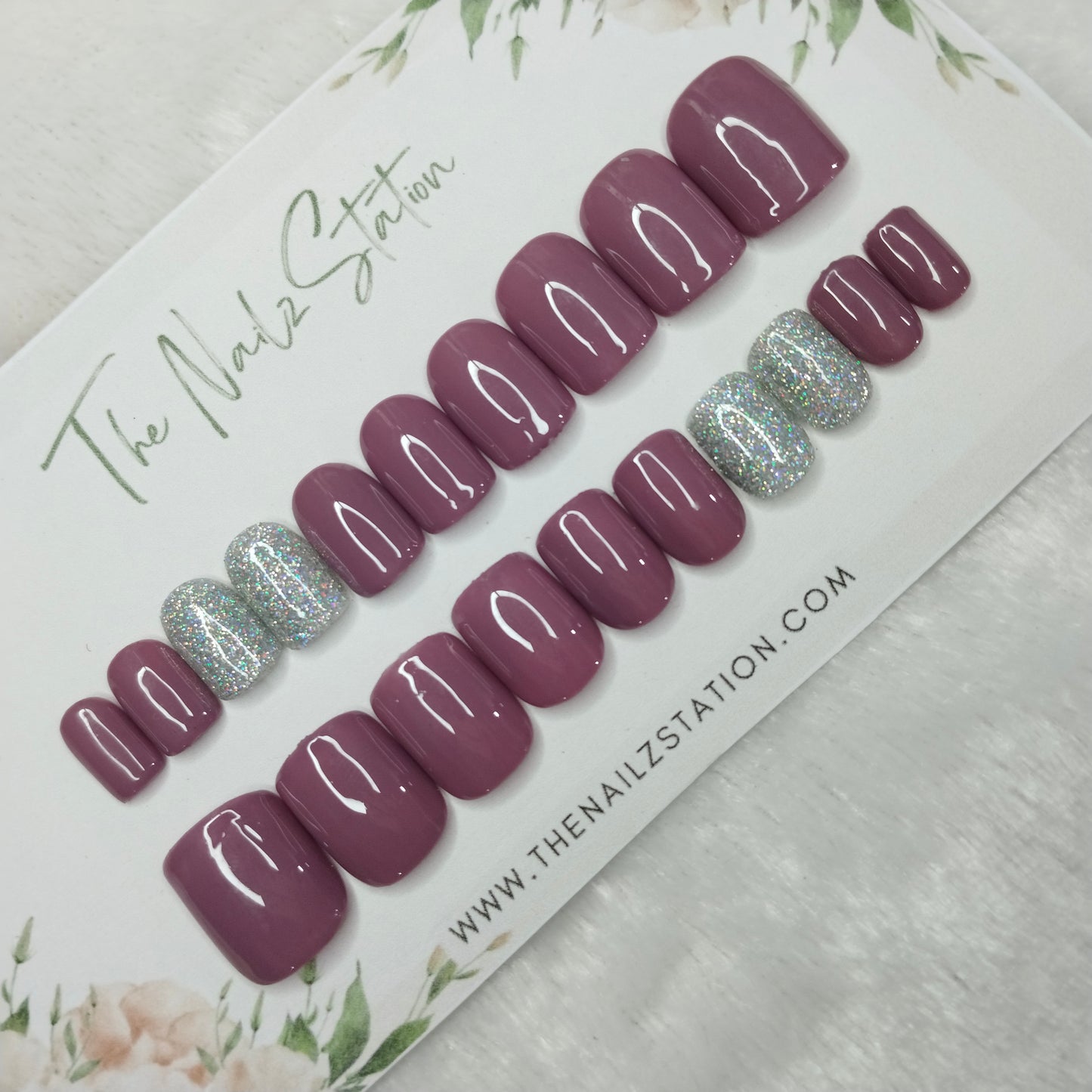 The NailzStation Glossy Mauve Glitter Press on Fake Artificial Nails Set with glue, filer, sticker application kit // 1255