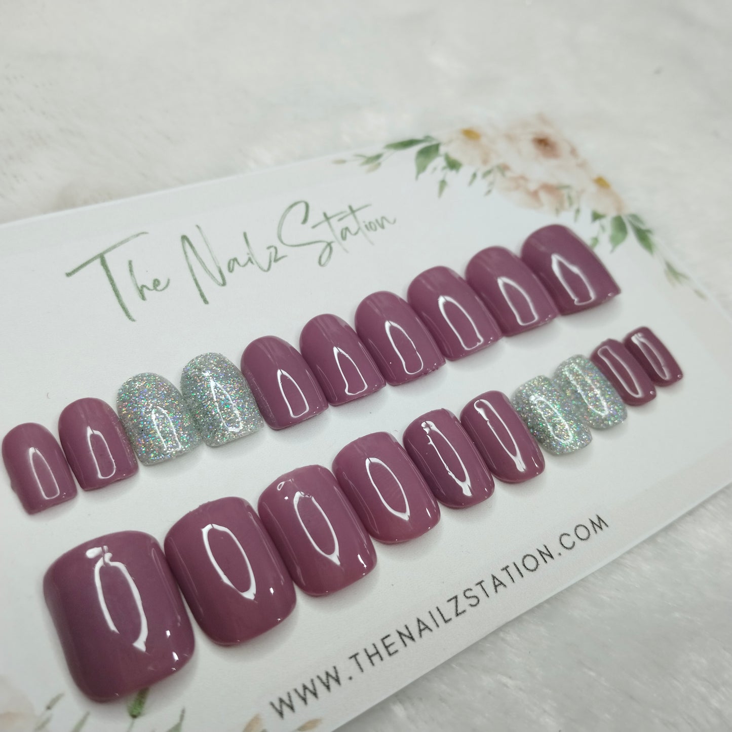 The NailzStation Glossy Mauve Glitter Press on Fake Artificial Nails Set with glue, filer, sticker application kit // 1255