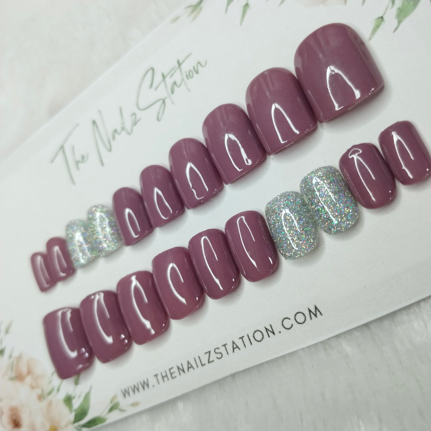 The NailzStation Glossy Mauve Glitter Press on Fake Artificial Nails Set with glue, filer, sticker application kit // 1255