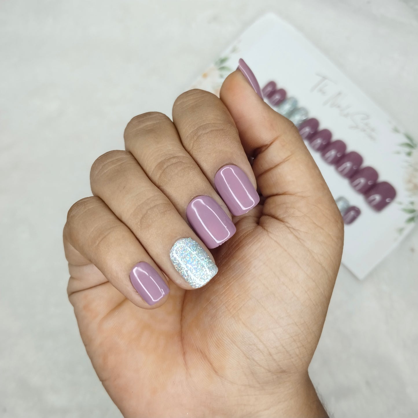 The NailzStation Glossy Mauve Glitter Press on Fake Artificial Nails Set with glue, filer, sticker application kit // 1255