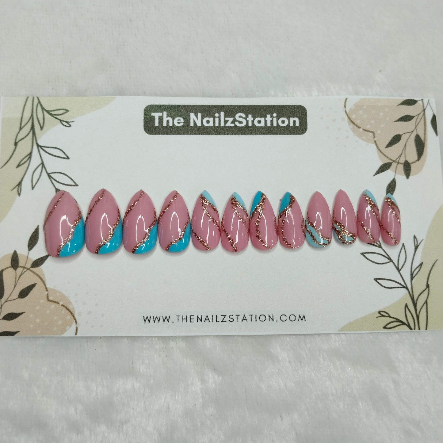 The NailzStation Glossy Blue Glitter Swirls Press on Fake Artificial Nails Set with glue, filer, sticker application kit // 1254